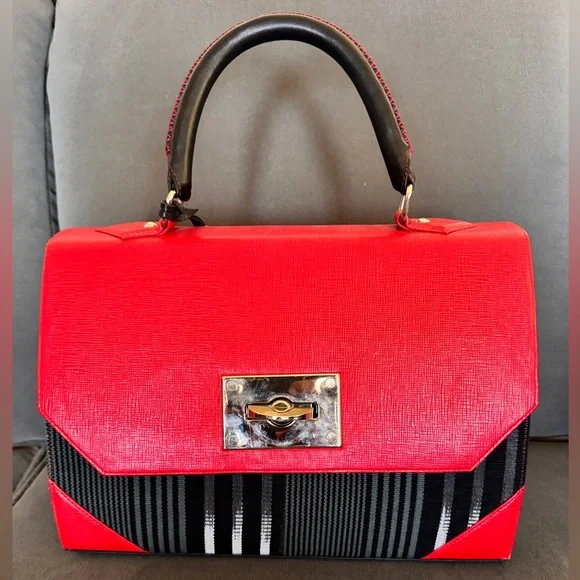 Femi Handbag | Stylish Red Leather & Black & White Striped Fabric - Picture 1 of 10